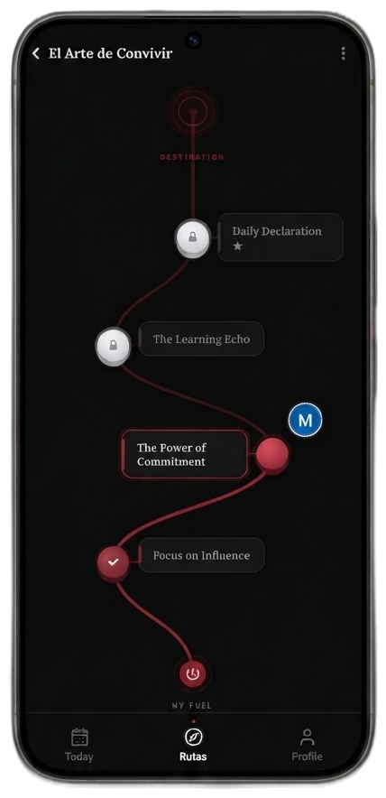The Ruta app showing a Route's progress path, from locked steps to a completed destination