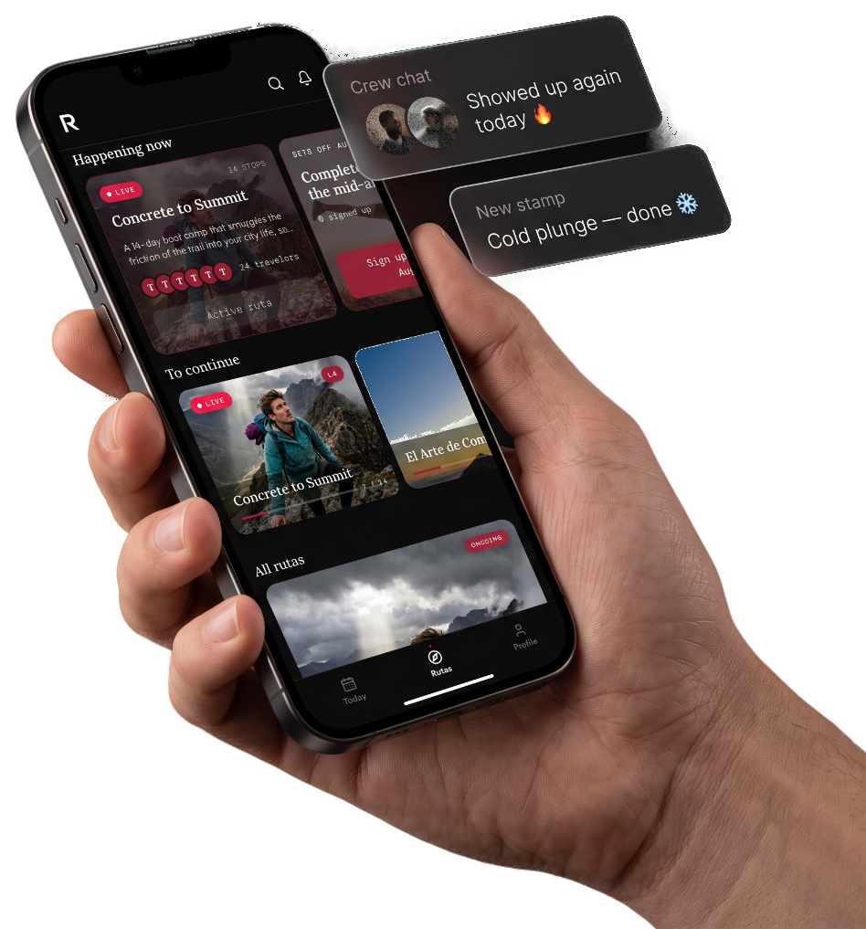 A hand holding the Ruta app, showing a live Route with crew chat and a new stamp