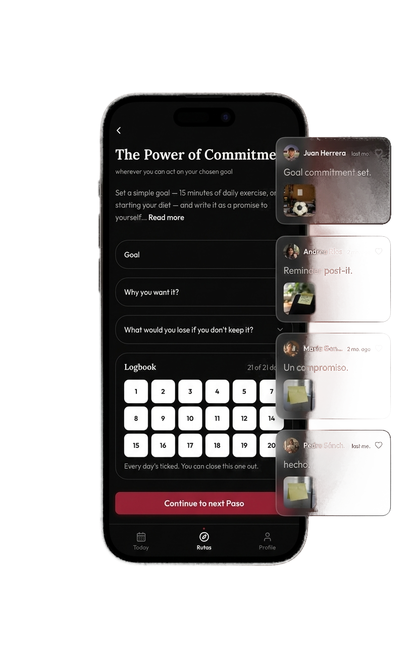 The Ruta app showing a commitment goal screen with crew replies