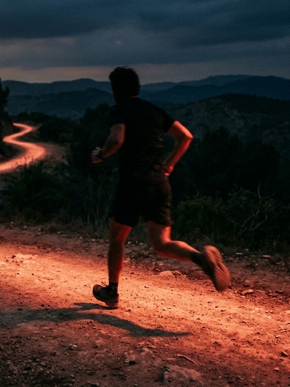 A runner mid-stride on a winding, warmly lit trail at dusk