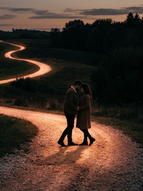 Two people reuniting on a winding, warmly lit path at dusk