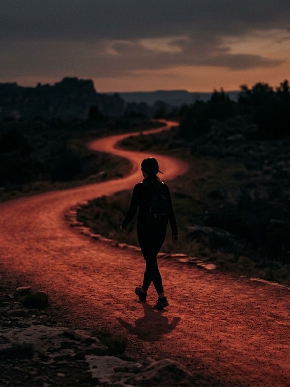 A lone figure walking a winding, warmly lit path at dusk