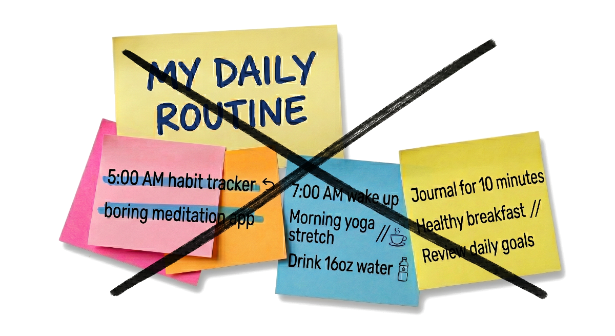 Crossed-out daily routine sticky notes